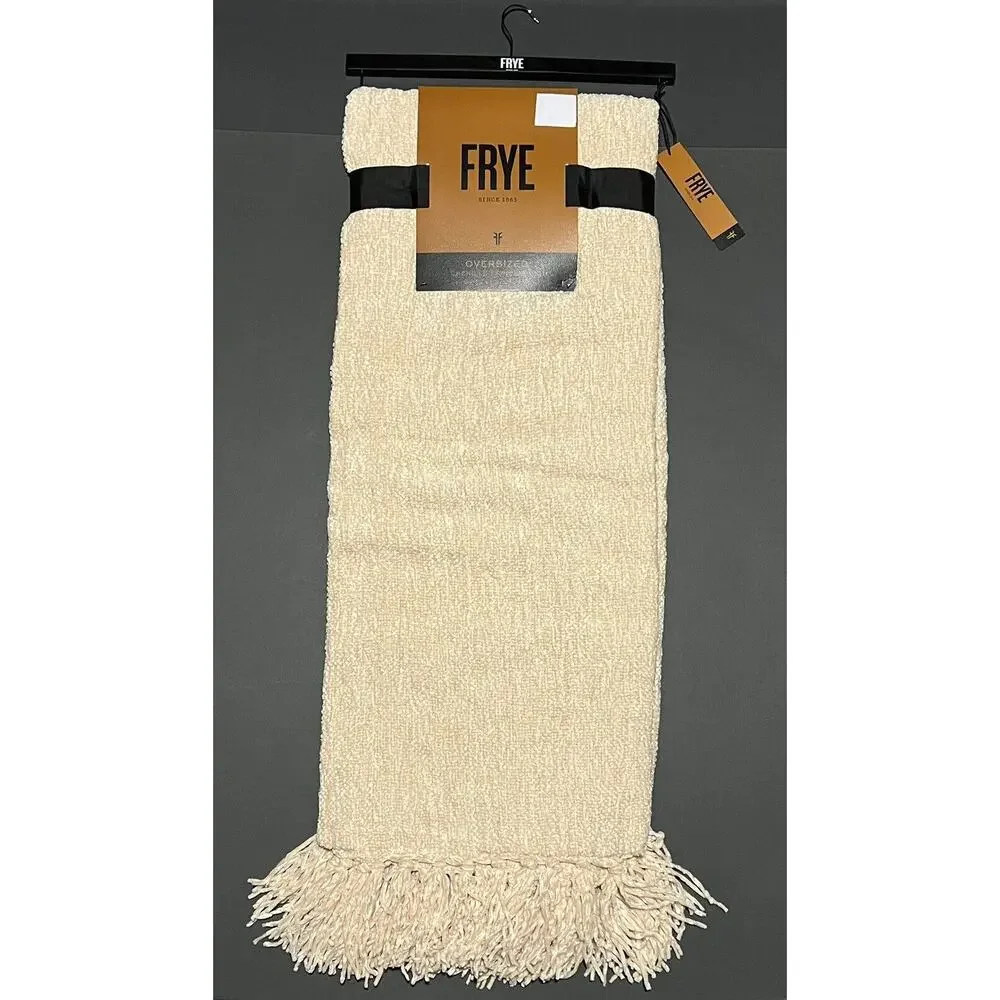 FRYE Throw Blanket Woven Chenille With Fringe Ivory Cream Beige 50 x 70